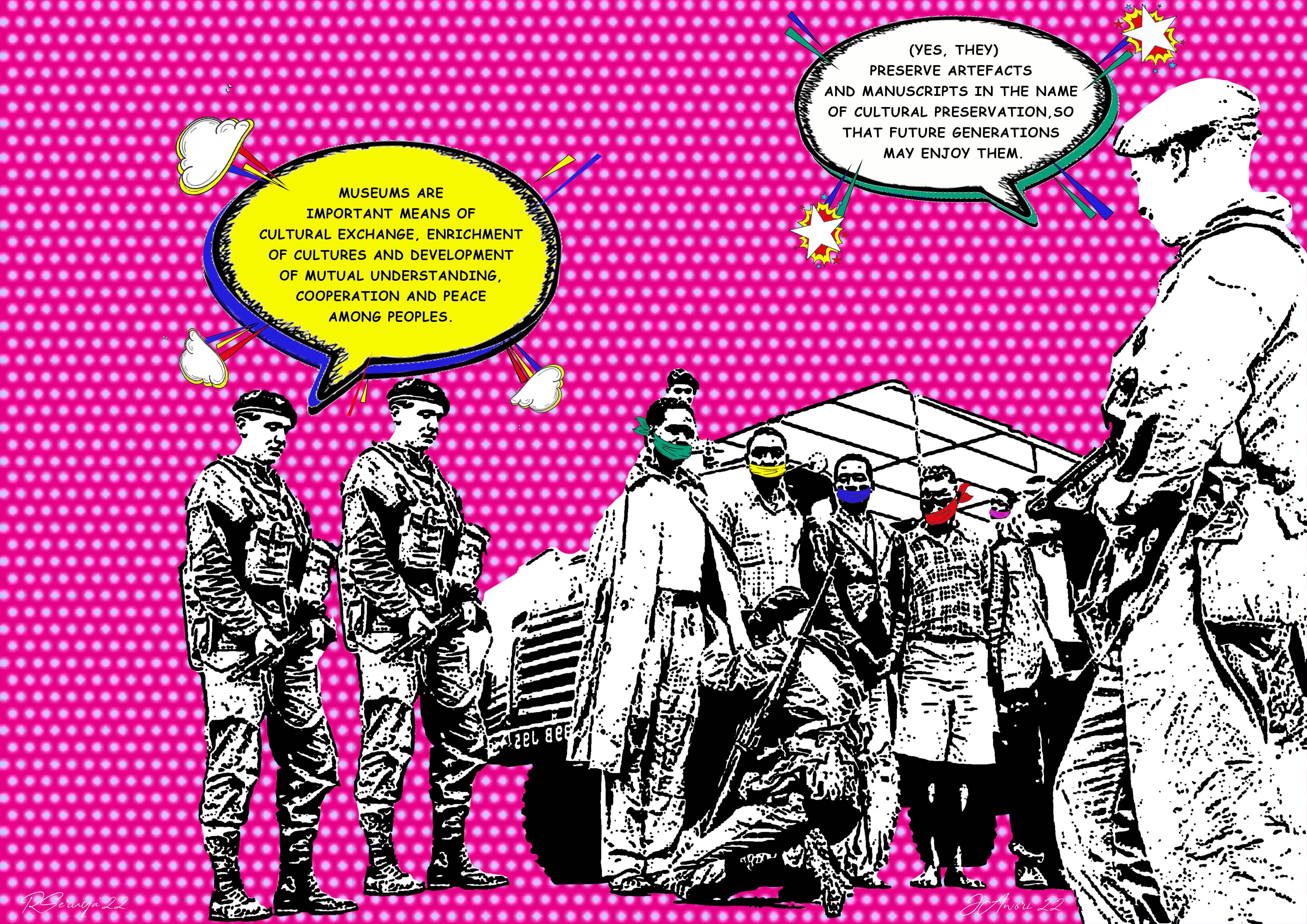 One-way conversation 4 (Image used: British soldiers inspecting the MauMau in Kenya)  (Text used: extract from the article "Repatriation: why Western museums should return African artefacts"  by Museum Next, quoting the International Council of Museums)